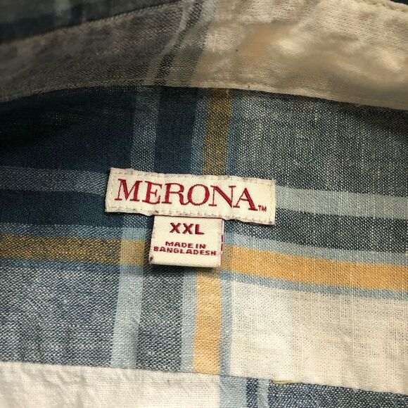 Merona Button Up Shirt Mens XXL Multicolor Plaid Short Sleeve Linen Cotton - Picture 3 of 6
